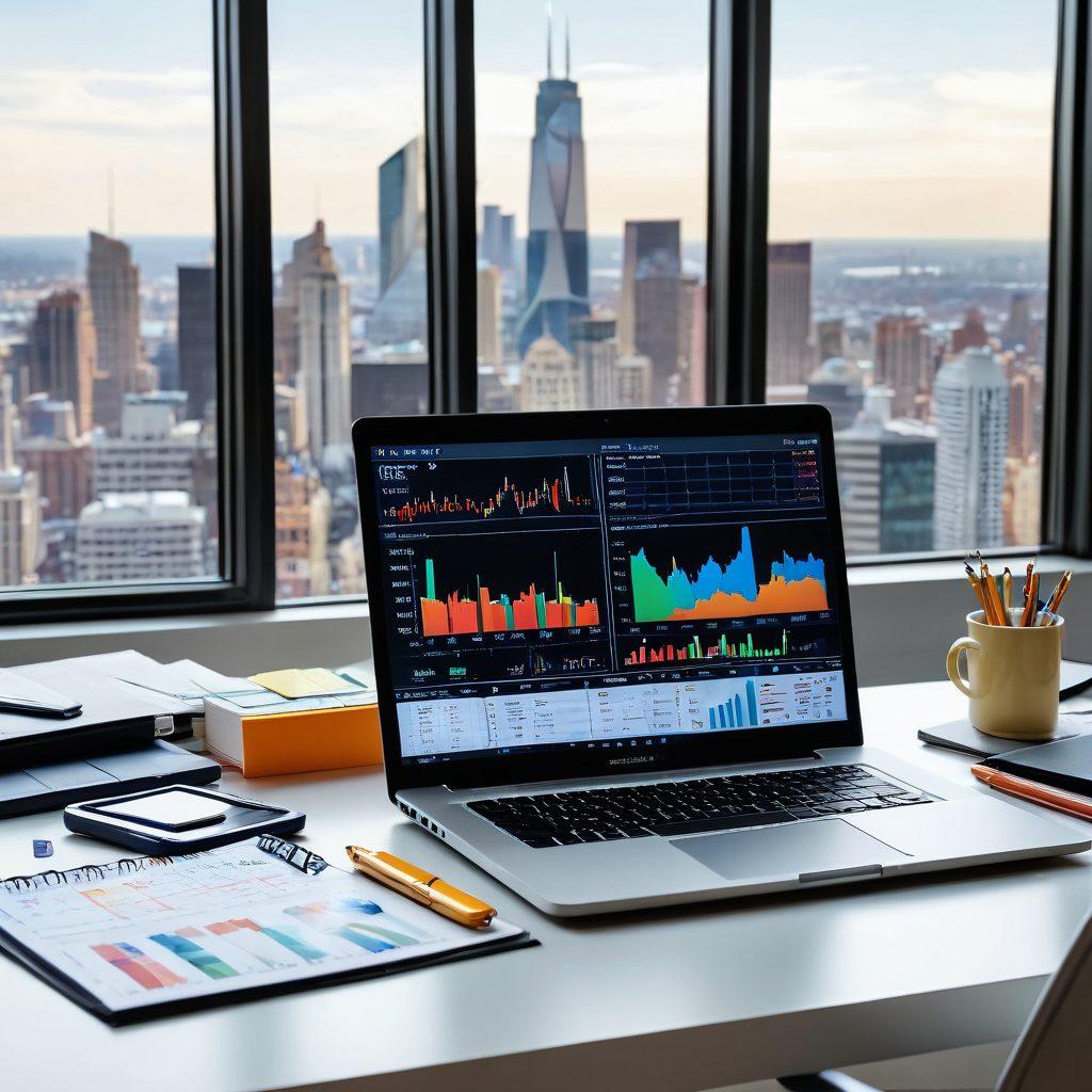 A sophisticated workspace featuring a sleek laptop displaying complex stock market charts and graphs, surrounded by various charting tools like calculators, notepads, and vibrant colored sticky notes. In the background, a large window overlooking a bustling city skyline, symbolizing opportunities in investment. The overall atmosphere conveys a sense of mastery and professionalism. super-realistic. vibrant colors. white background.