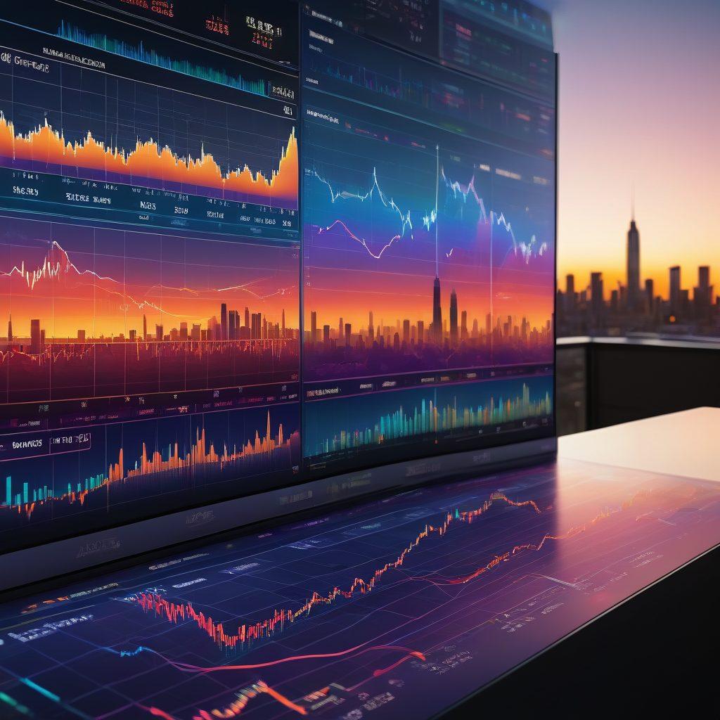 A striking image depicting a dual-layered landscape: on one side, a detailed financial model with graphs, charts, and numerical data; on the other, a vibrant market forecast scene with dynamic stock market tickers and busy traders. In the background, a skyline representing innovation and growth, with a sky showcasing sunrise colors symbolizing new opportunities. The overall feel should evoke a sense of strategic thinking and investment foresight. super-realistic. vibrant colors. 3D.