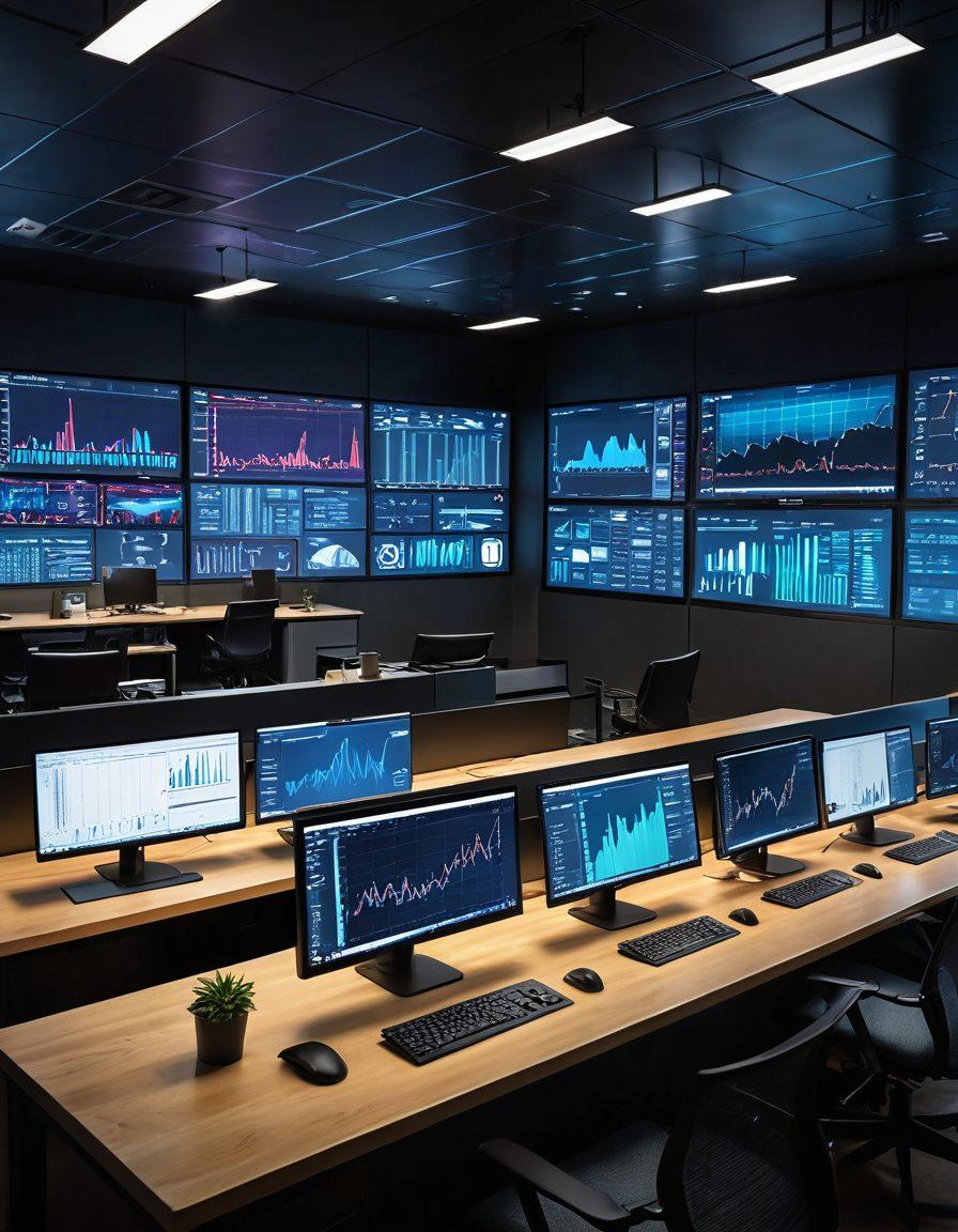 A modern digital workspace featuring real-time stock market data on multiple screens, with vibrant charts, graphs, and analytical tools, showcasing a diverse team of professionals intently collaborating over digital representations of financial data. Include futuristic elements like holographic displays and intuitive interfaces, set against a sleek office environment. super-realistic. vibrant colors. 3D.